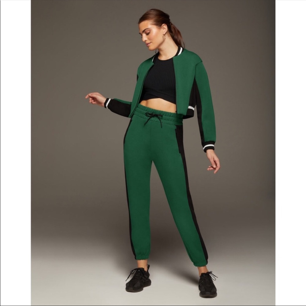 MICHI Carve Jacket Cropped Scuba Ribbed Track Colorblock Stripe Pine Green Black - Picture 6 of 15